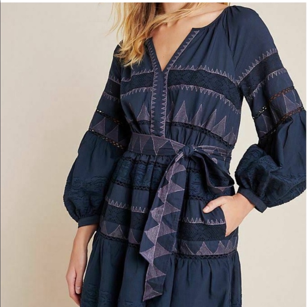 NWT Anthropologie Skye Embroidered Mini Dress in Blue and Purple.